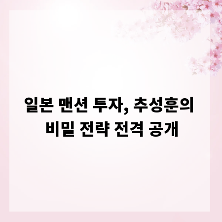 일본 맨션 투자, 추성훈의 비밀 전략 전격 공개